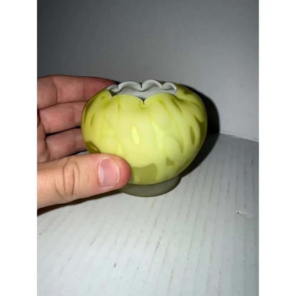 Victorian Satin Glass Cased Yellow ROSE BOWL Crimped Top 3